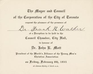 An invitation card stating, "The Mayor and Council of the Corporation of the City of Toronto re…