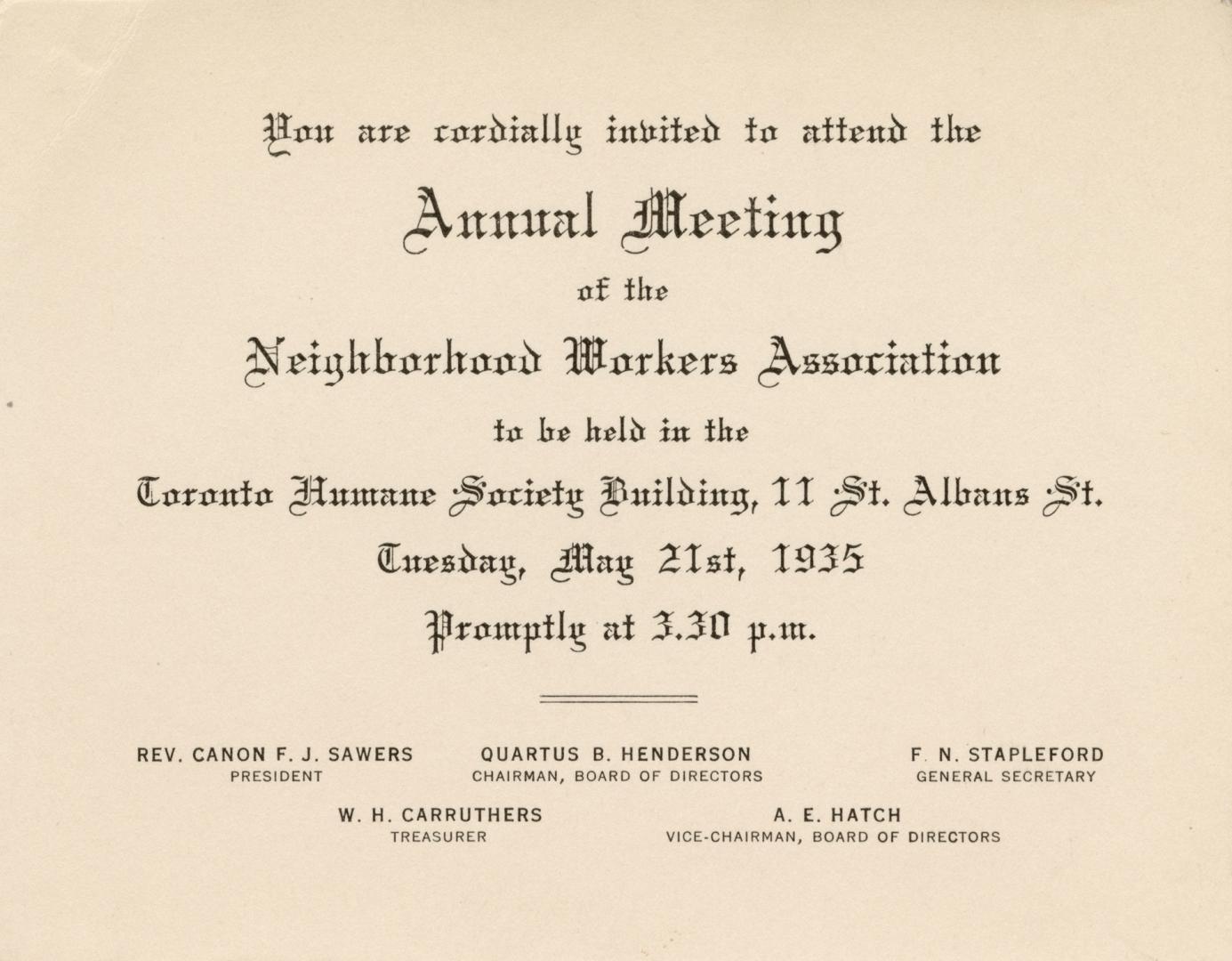 An invitation stating, "You are cordially invited to attend the Annual Meeting of the Neighbour…