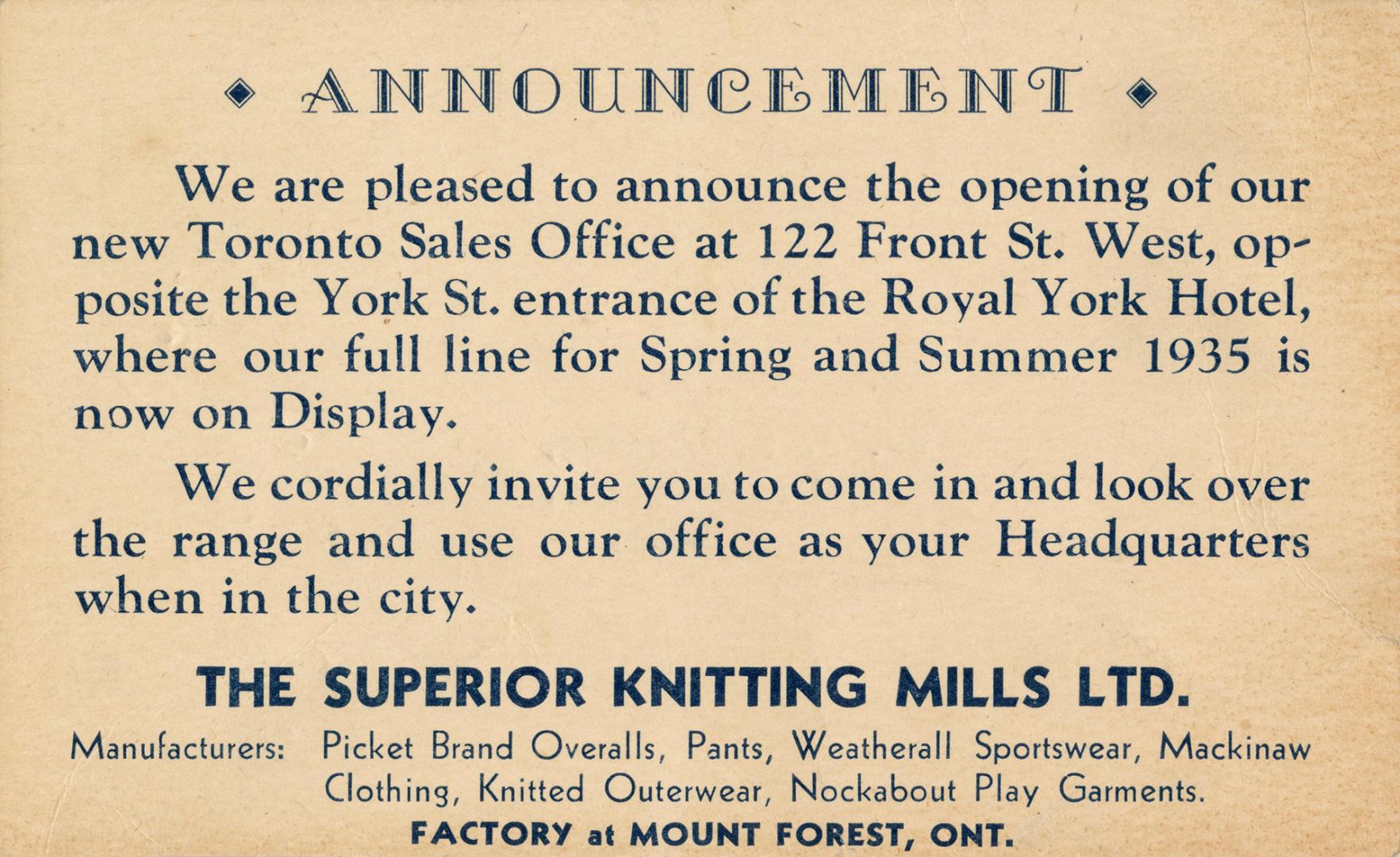 An advertisement sent out as a postcard, stating "Announcement// We are pleased to announce the…