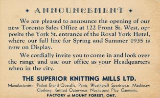 An advertisement sent out as a postcard, stating "Announcement// We are pleased to announce the…