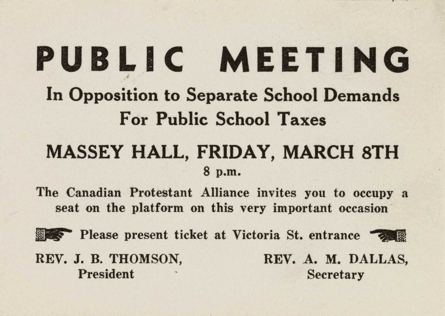 An advertisement card stating "PUBLIC MEETING// In Opposition to Separate School Demands for Pu…