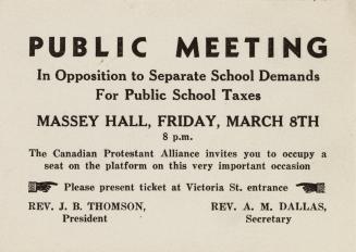 An advertisement card stating "PUBLIC MEETING// In Opposition to Separate School Demands for Pu…