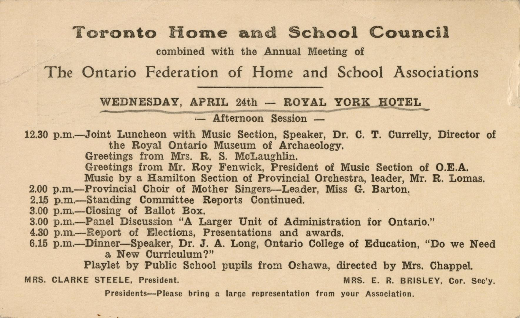 An advertising card for the Toronto Home and School Council combined with the Annual Meeting of…