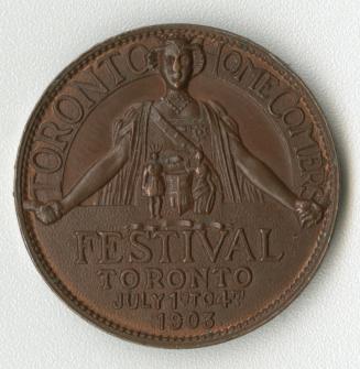 Copper coin; a wreath of maple leaves on one side, image of Queen Victoria with outstretched ar…