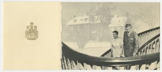 Photograph of John and Olive Diefenbaker descending a staircase; a faint photo of the exterior …