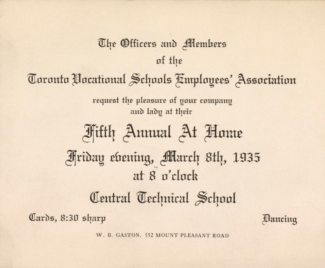 An invitation stating "The Officers and Members of the Toronto Vocational Schools Employees' As…