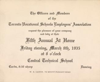 An invitation stating "The Officers and Members of the Toronto Vocational Schools Employees' As…