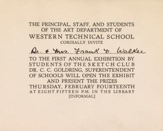 An invitation stating "The Principal, Staff, and Students of the Art Department of Western Tech…