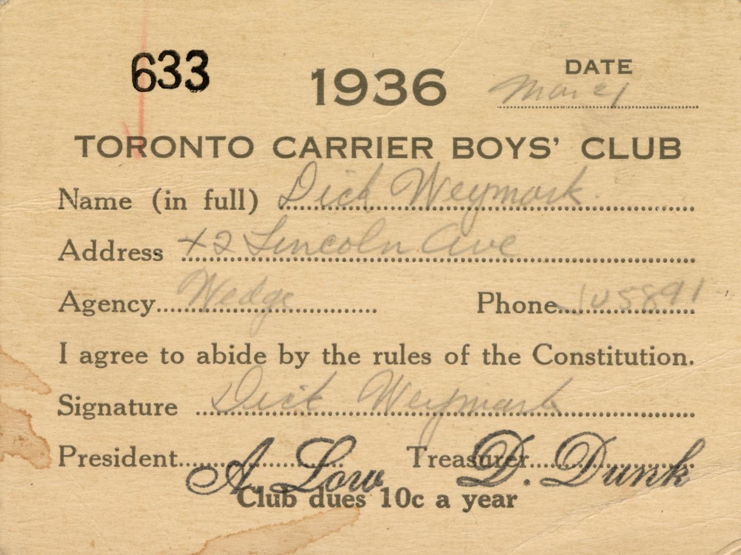 A membership stub for the Toronto Carrier Boys' Club (for a "Dick Weymark") in 1936. 