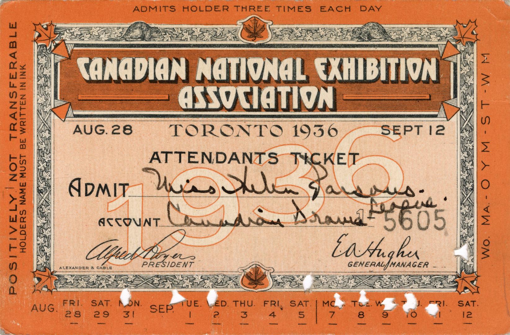 An attendant's ticket for admission to the Canadian National Exhibition in Toronto 1936.