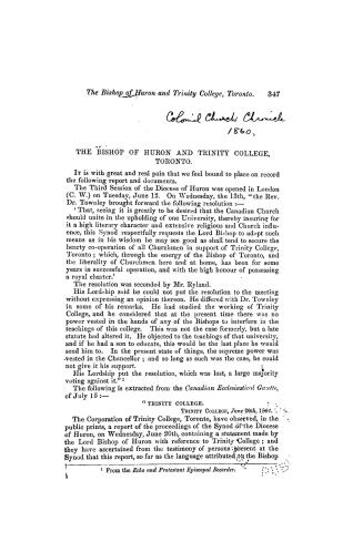 The Bishop of Huron and Trinity college, Toronto