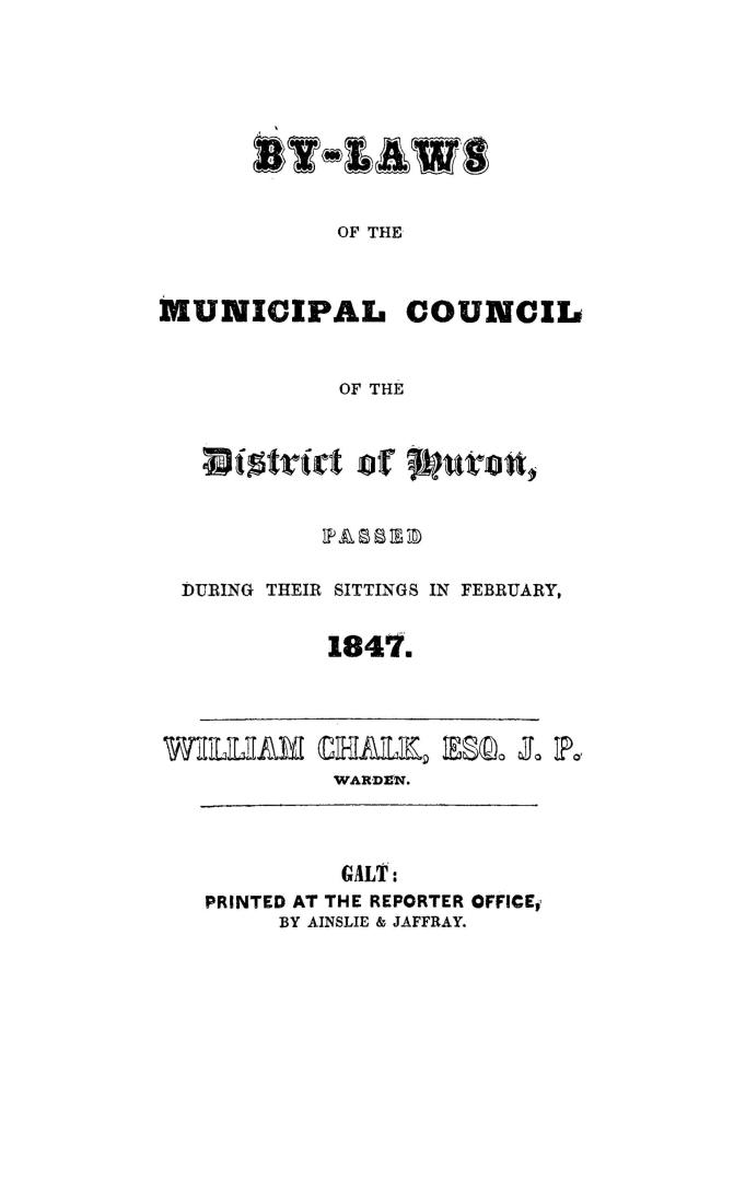 By-laws of the Municipal council of the district of Huron