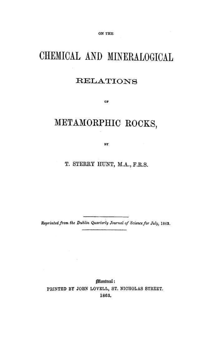 On the chemical and mineralogical relations of metamorphic rocks