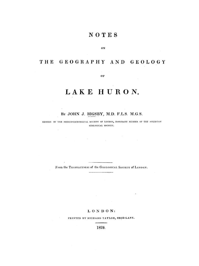 Notes on the geography and geology of Lake Huron