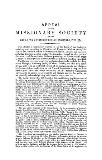 Appeal of the Missionary Society of the Wesleyan Methodist Church in Canada, for 1854
