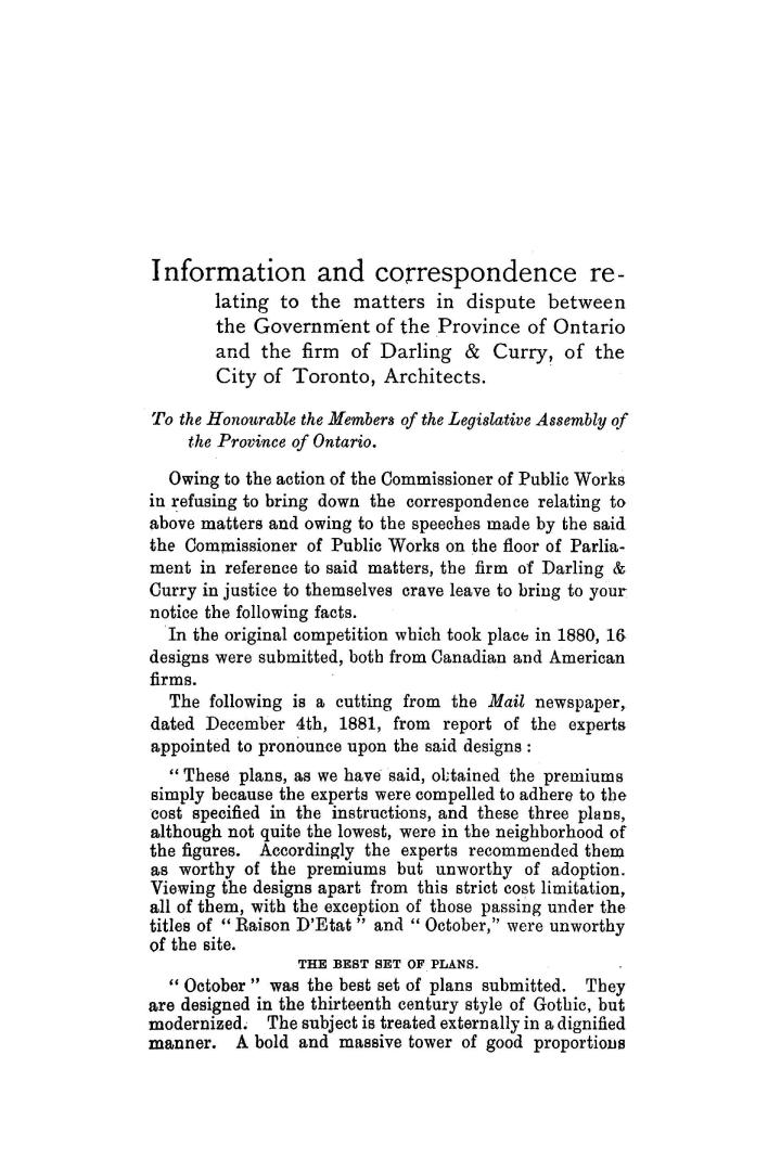 Information and correspondence relating to the matters in dispute between the government of the province of Ontario and the firm of Darling & Curry, of the city of Toronto, architects