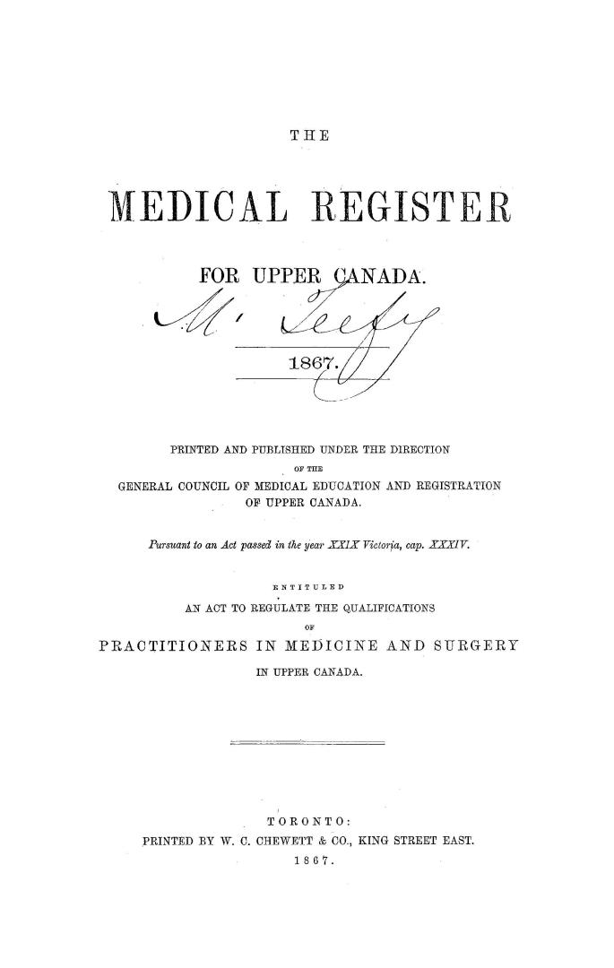 The Medical register for Upper Canada