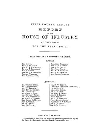 Annual report of the House of Industry, city of Toronto, for the year 1890-91.
