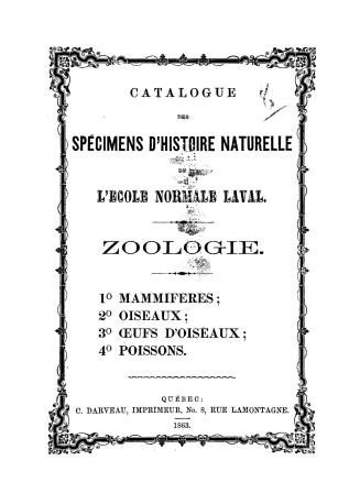 Catalogue des spécimens d'histoire naturelle de l'Ecole normale Laval