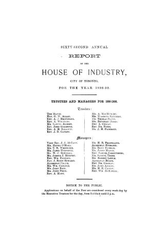Annual report of the House of Industry, city of Toronto, for the year 1898-99.