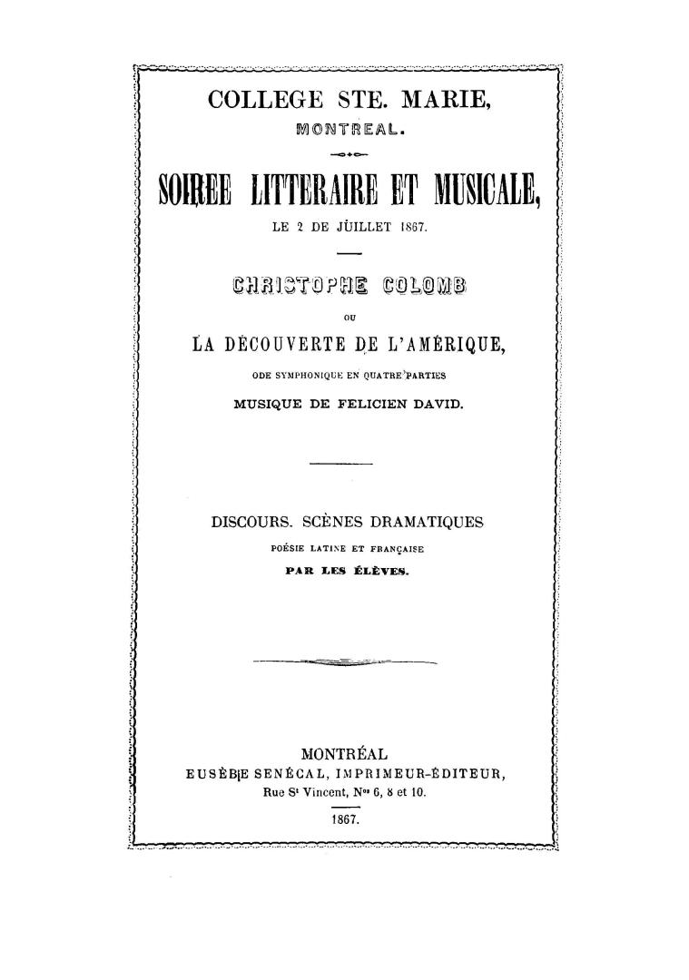 Soirée litteraire et musicale, le 2 de juillet 1867