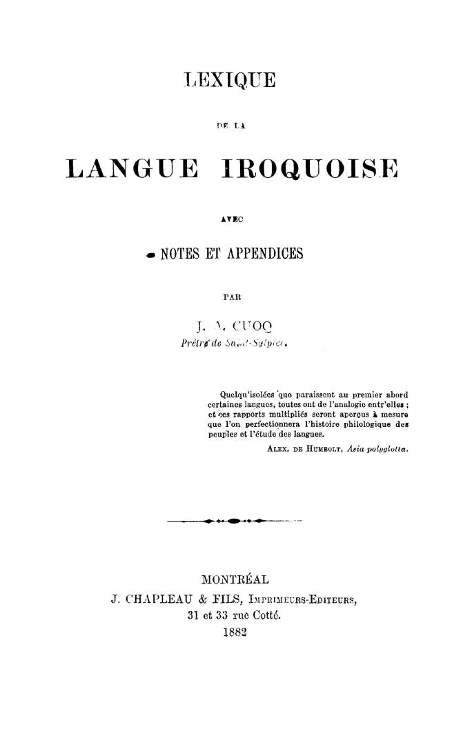 Lexique de la langue iroquoise, avec notes et appendices