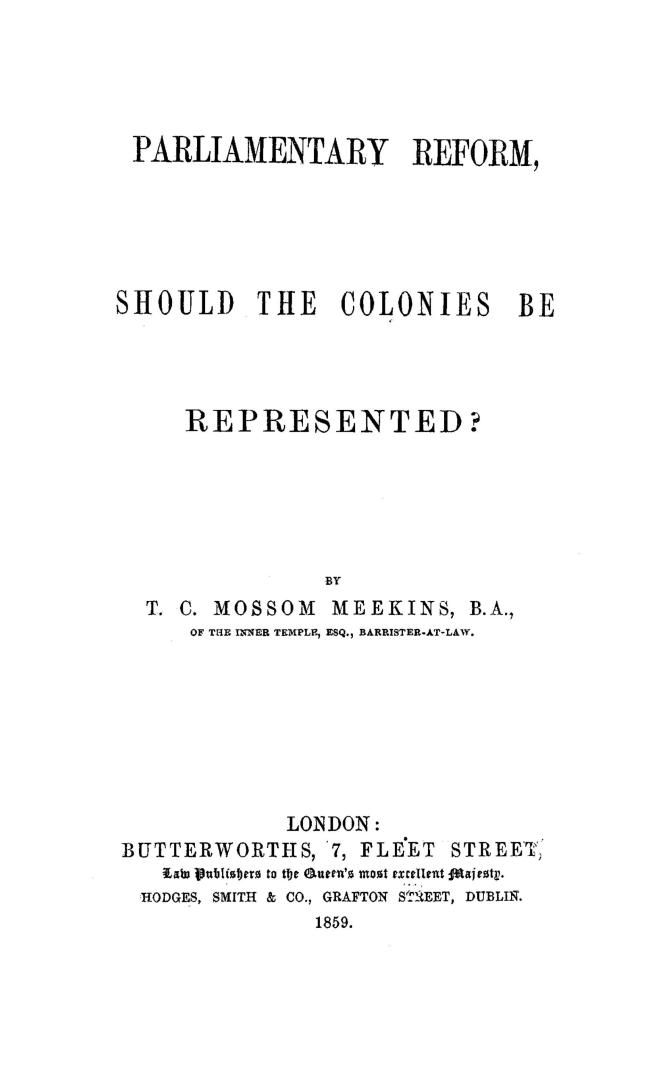Parliamentary reform, should the colonies be represented
