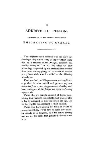 An address to persons who entertain the wish to better themselves by emigrating to Canada
