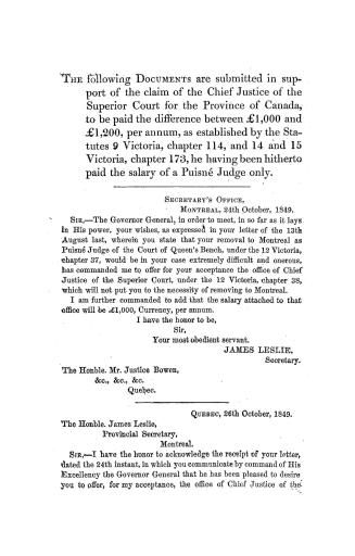 The documents ... submitted in support of the claim of the Chief Justice of the Superior court for the province of Canada, : to be paid the difference(...)