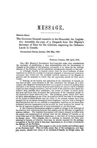 Message transmitting a despatch from Her Majesty's Secretary of state for the colonies, respecting the ordnance lands in Canada
