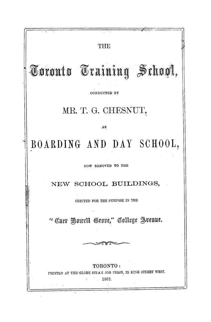 [Prospectus of] the Toronto training school conducted by Mr