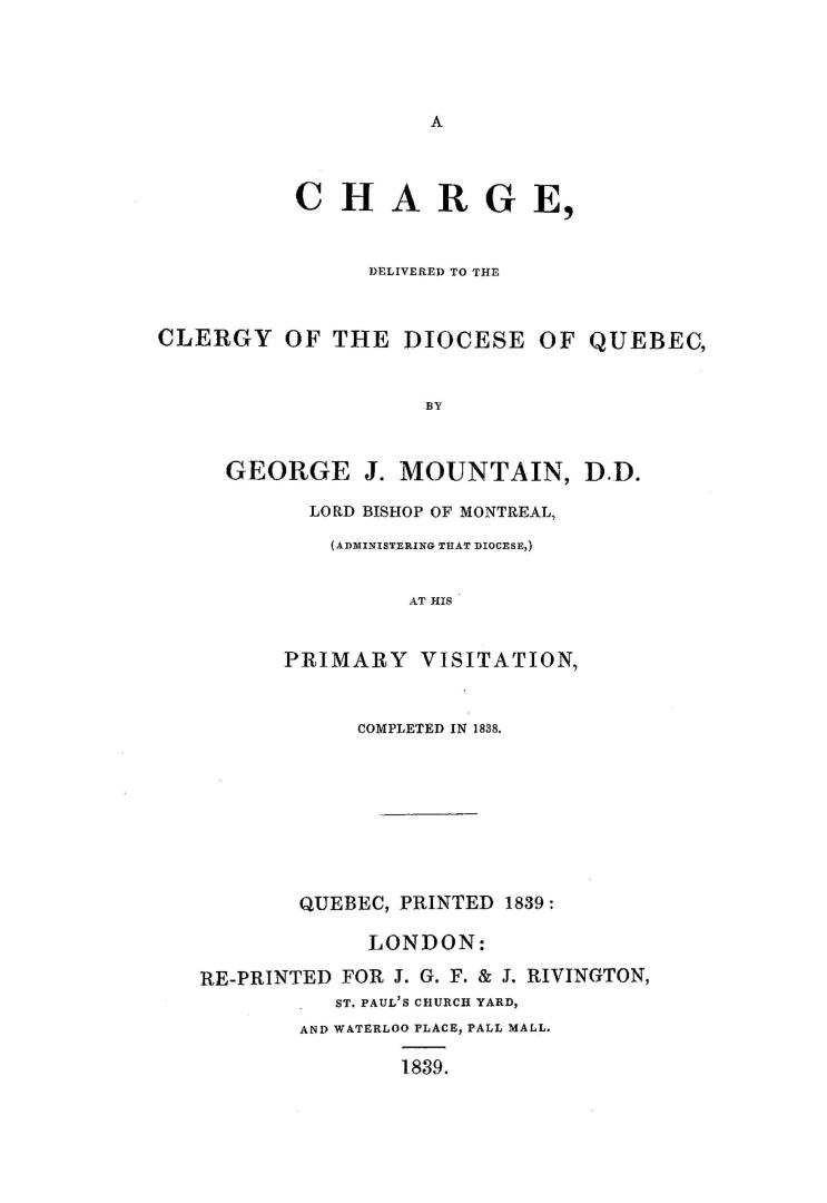 A charge delivered to the clergy of the diocese of Quebec