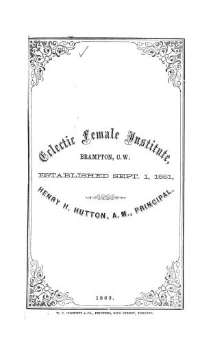 Book cover, decorative devices and text: Eclectic female institute, Brampton, C.W., established ...