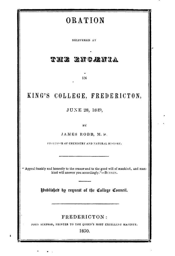 Oration delivered at the encaenia in King's College, Fredericton, June 28, 1849