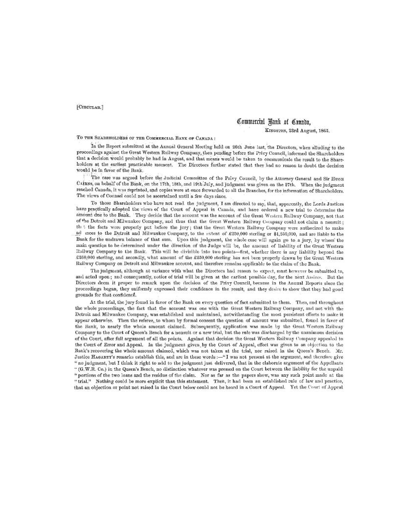 <Circular> to the shareholders of the Commercial bank of Canada