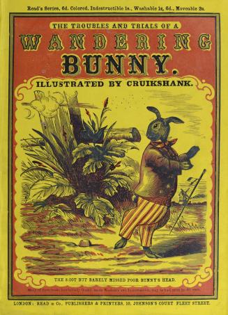 Illustrated cover: Yellow and orange. An anthropomorphic rabbit in striped trousers looks over  ...