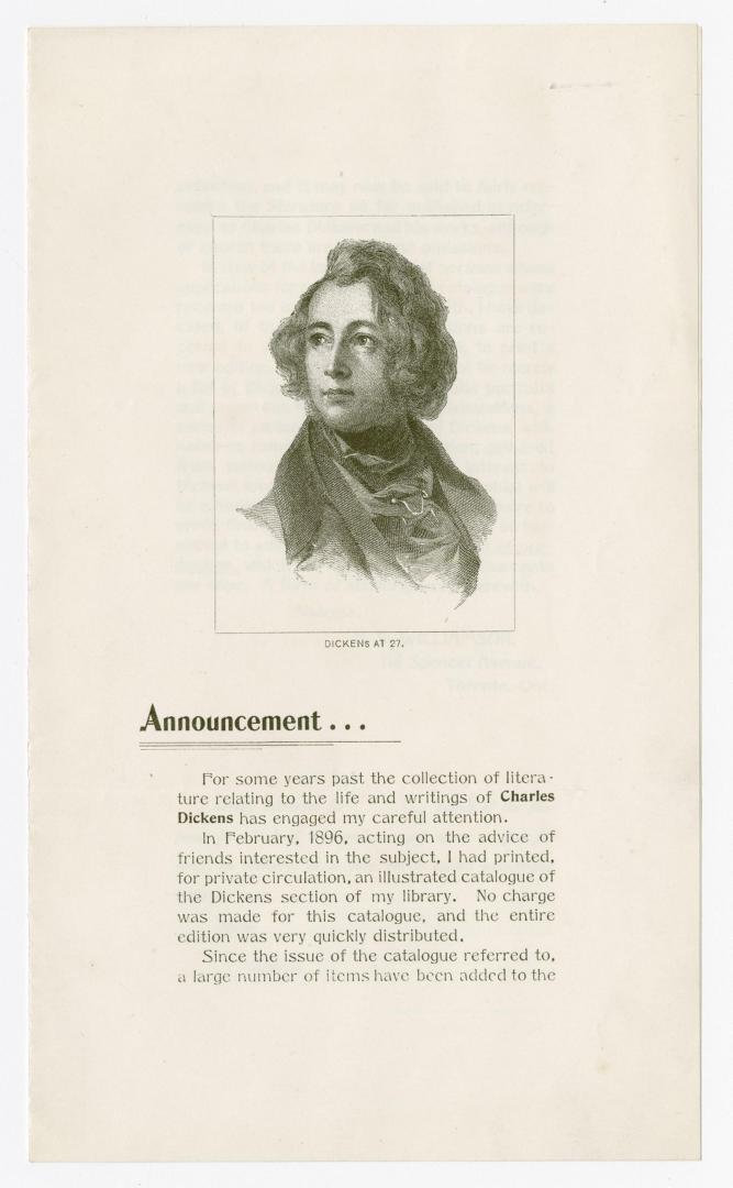 Announcement : for some years past the collection of literature relating to the life and writings of Charles Dickens ...