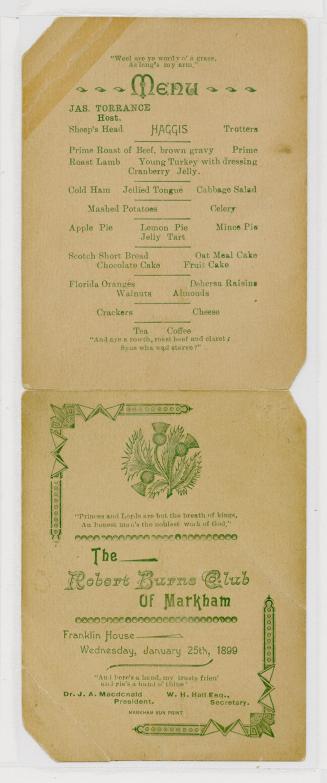 The Robert Burns Club of Markham, Franklin House, Wednesday, January 25th, 1899 ... menu