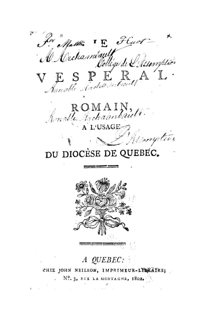 Le vespéral romain, à l'usage du diocèse de Québec