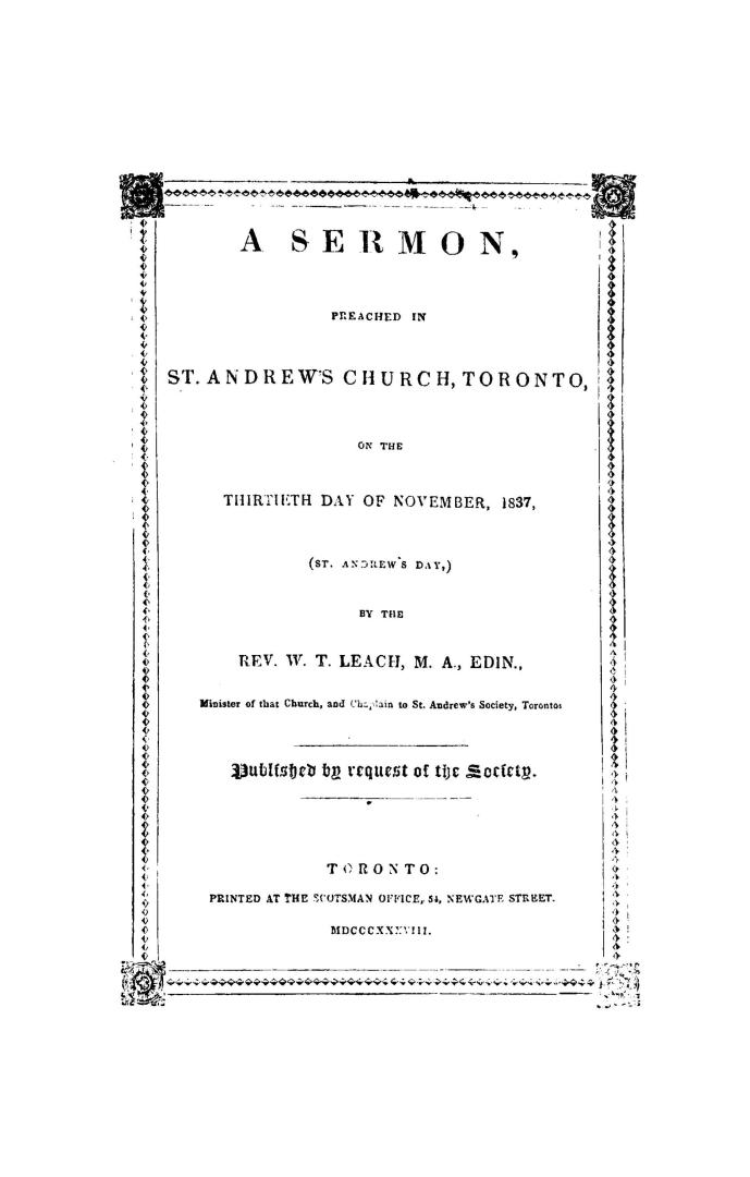 A sermon preached in St. Andrew's church, Toronto, on the thirtieth day of November, 1837 (St. Andrew's day)