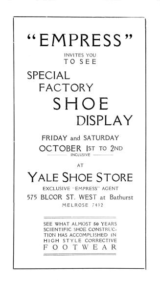 Empress invites you to see special factory shoe display: Friday and Saturday October 1st to 2nd inclusive at Yale Shoe Store