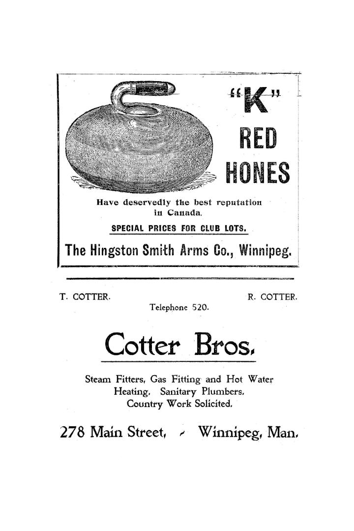 Shows the first page of the book, an advertisement for K Red Hones, a Winnipeg curling rock mak ...