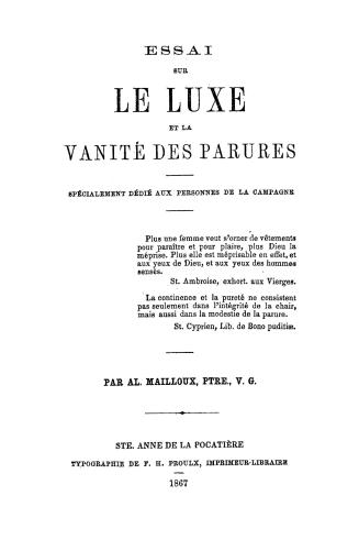 Essai sur le luxe et la vanité des parures, spécialement dédié aux personnes de la campagne