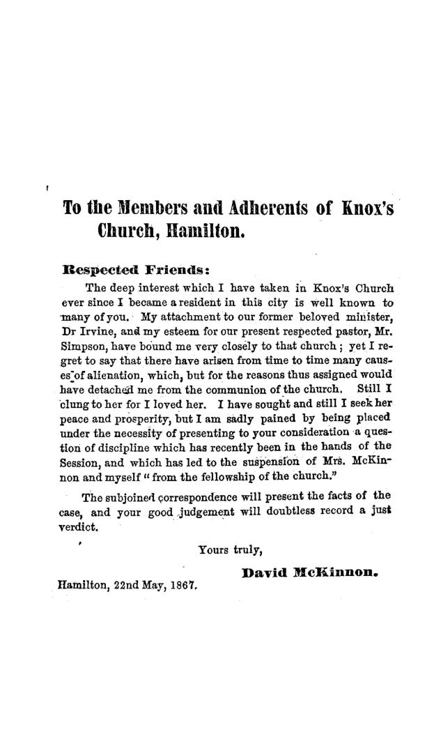 To the members and adherents of Knox's church, Hamilton