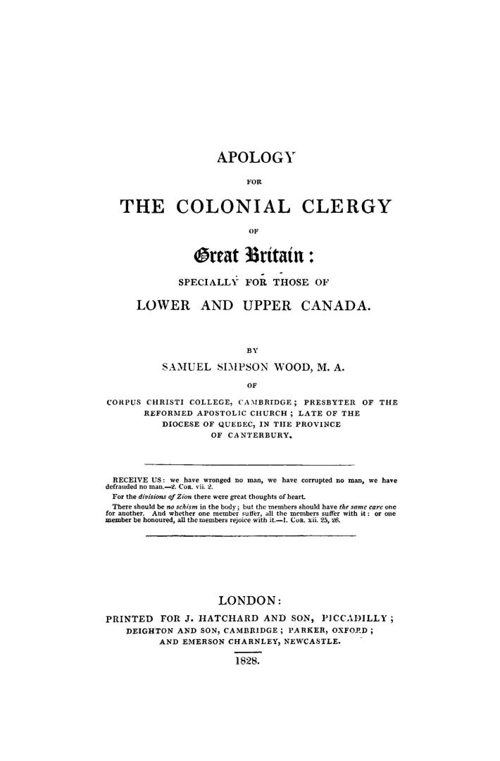 An apology for the colonial clergy of Great Britain, specially for those of Lower and Upper Canada