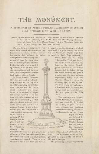 The Monument : a memorial in Mount Pleasant Cemetery of which Odd Fellows may well be proud