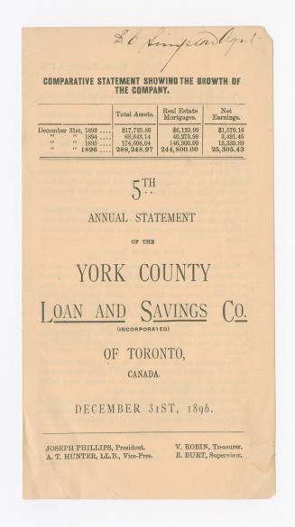 5th Annual statement of the York County Loan and Savings Co. of Toronto, Canada : December 31st, 1896