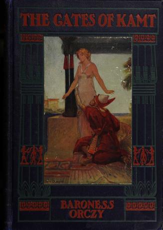 Book cover: navy cloth with embellished green and red motif. Cover art depicts two individuals  ...
