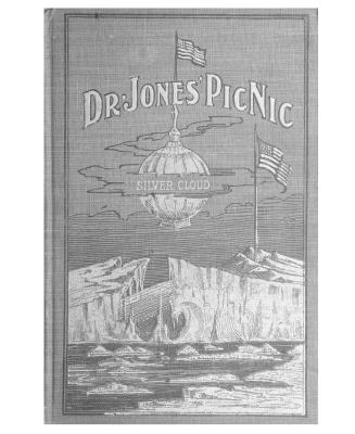 Grey and white book cover. An illustration of a round air balloon ship above icebergs, flying a ...