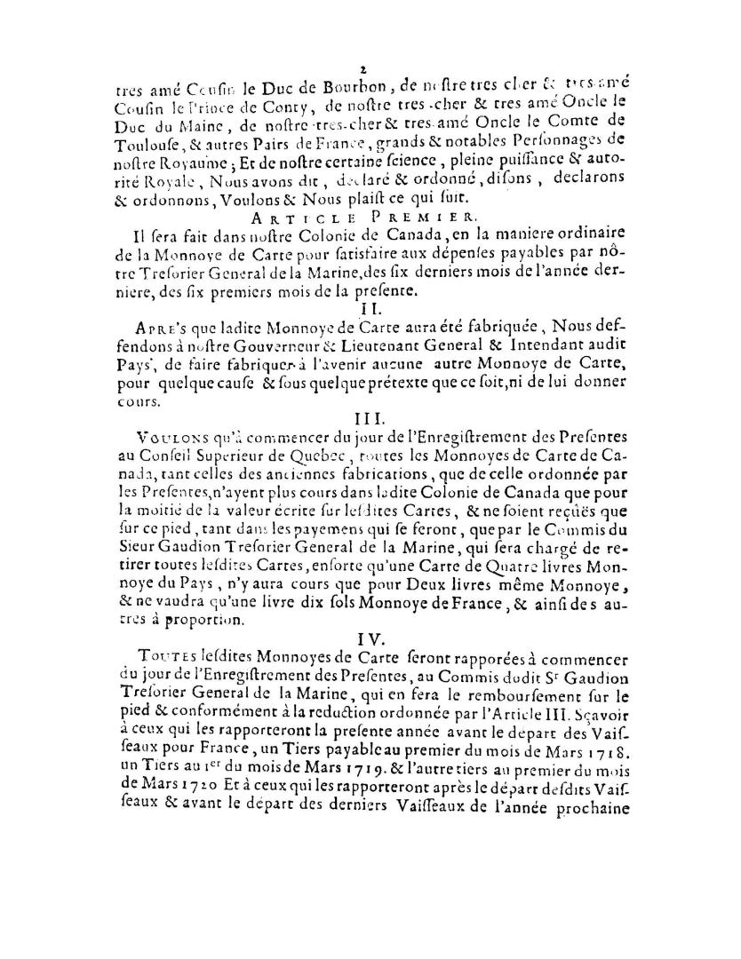 Declaration du roy au sujet de la monnoye de carte de Canada, donnée à Paris le 5 juillet, 1717